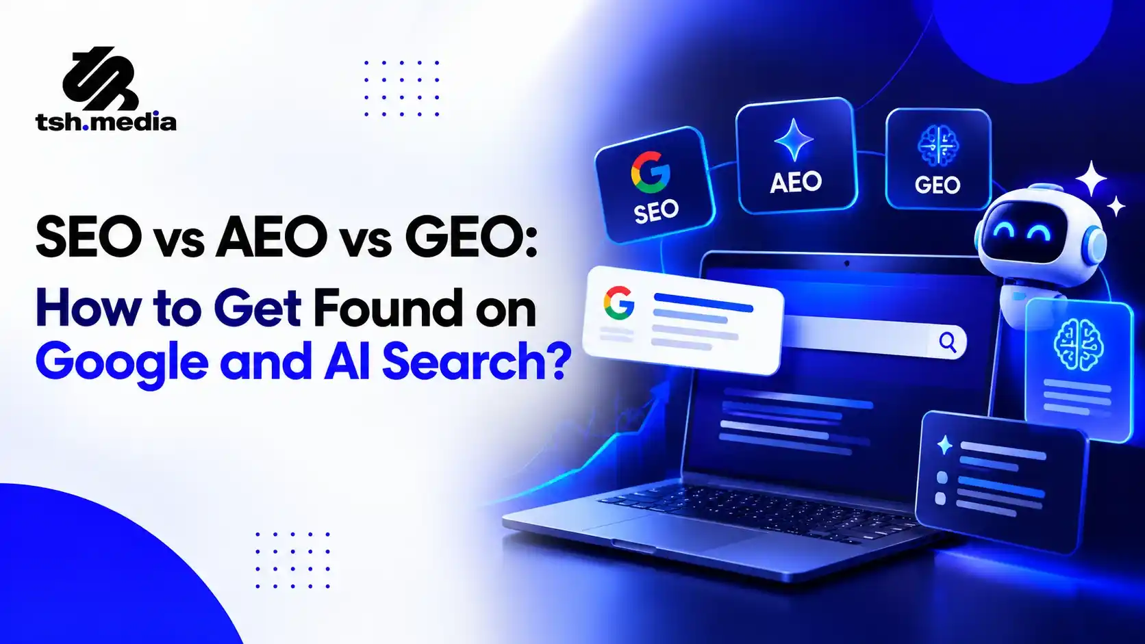 SEO vs AEO vs GEO comparison by tsh.media